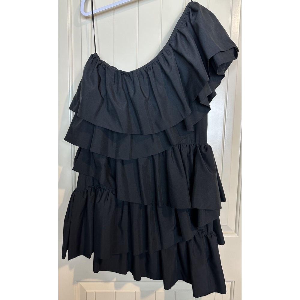 Anthropologie Endless Rose One Shoulder‎ Multi Tiered Mini Dress Black Sz XL GUC